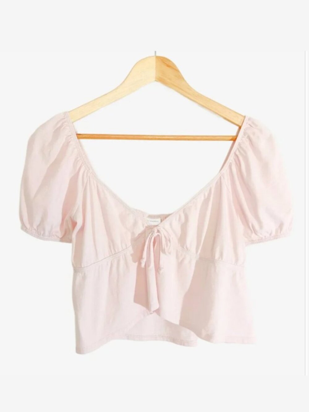 SUNDAY BEST Tie Front Puff Sleeve Peplum Top in Pale Pink Cotton Jersey / Small